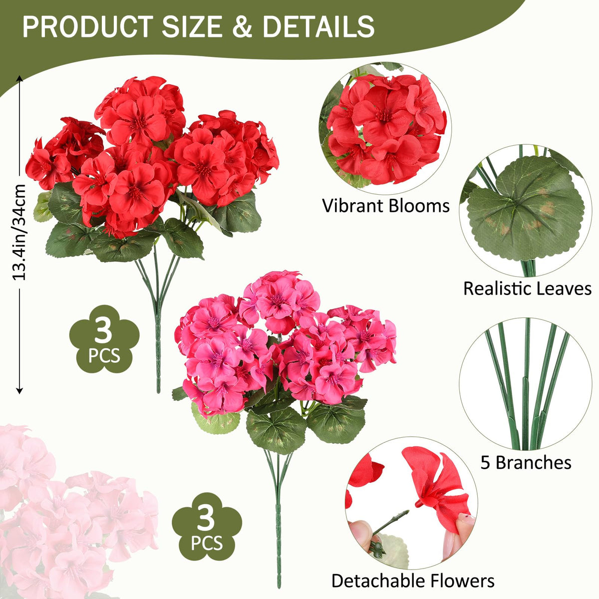 Artificial Geraniums Fake Flowers for Outdoor, 6 PCS UV Resistant Faux Plant
