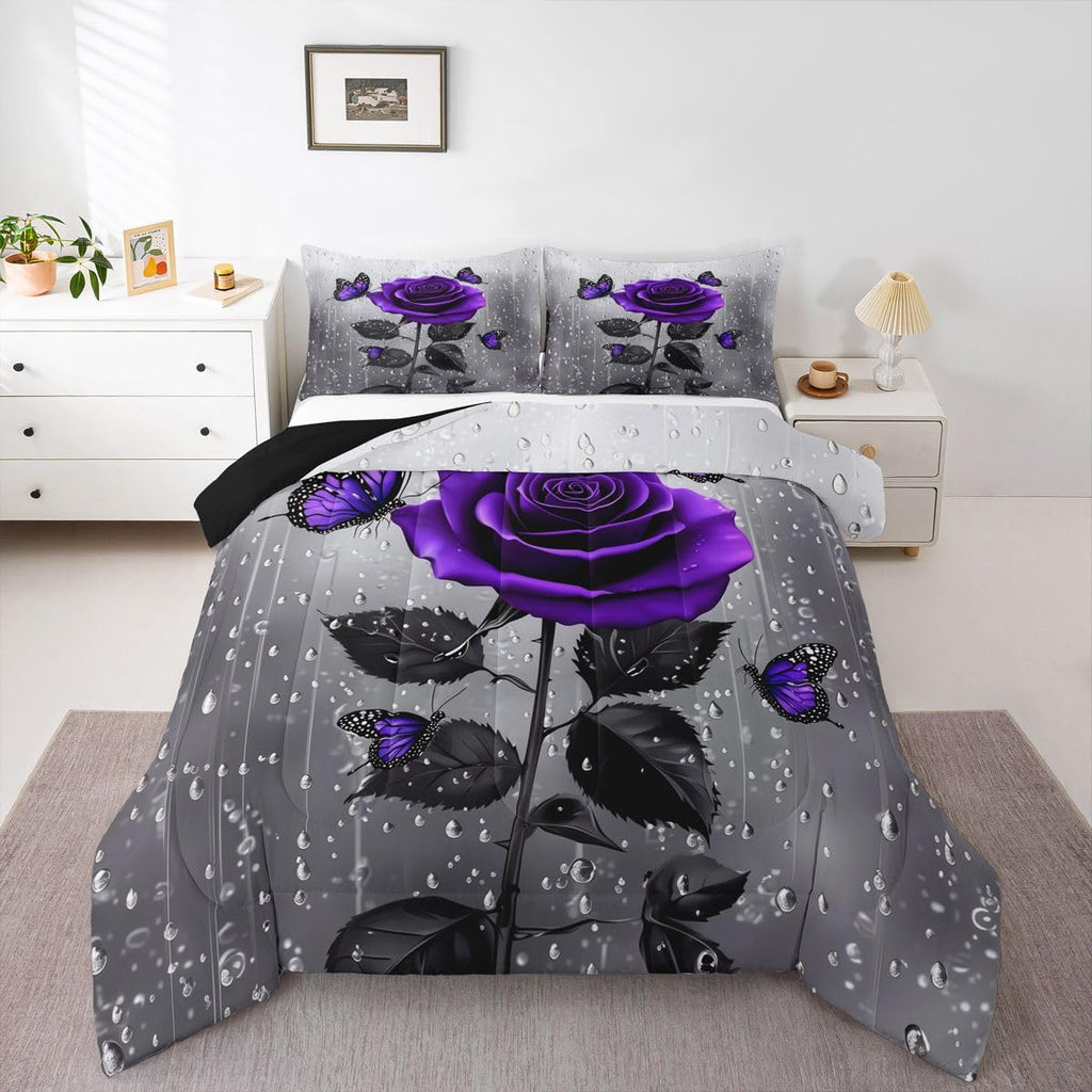 3D Rose Comforter Set - Rose Floral Print Bedding Set With Romantic Flowers, Butterfly Duvet Set, Quilt