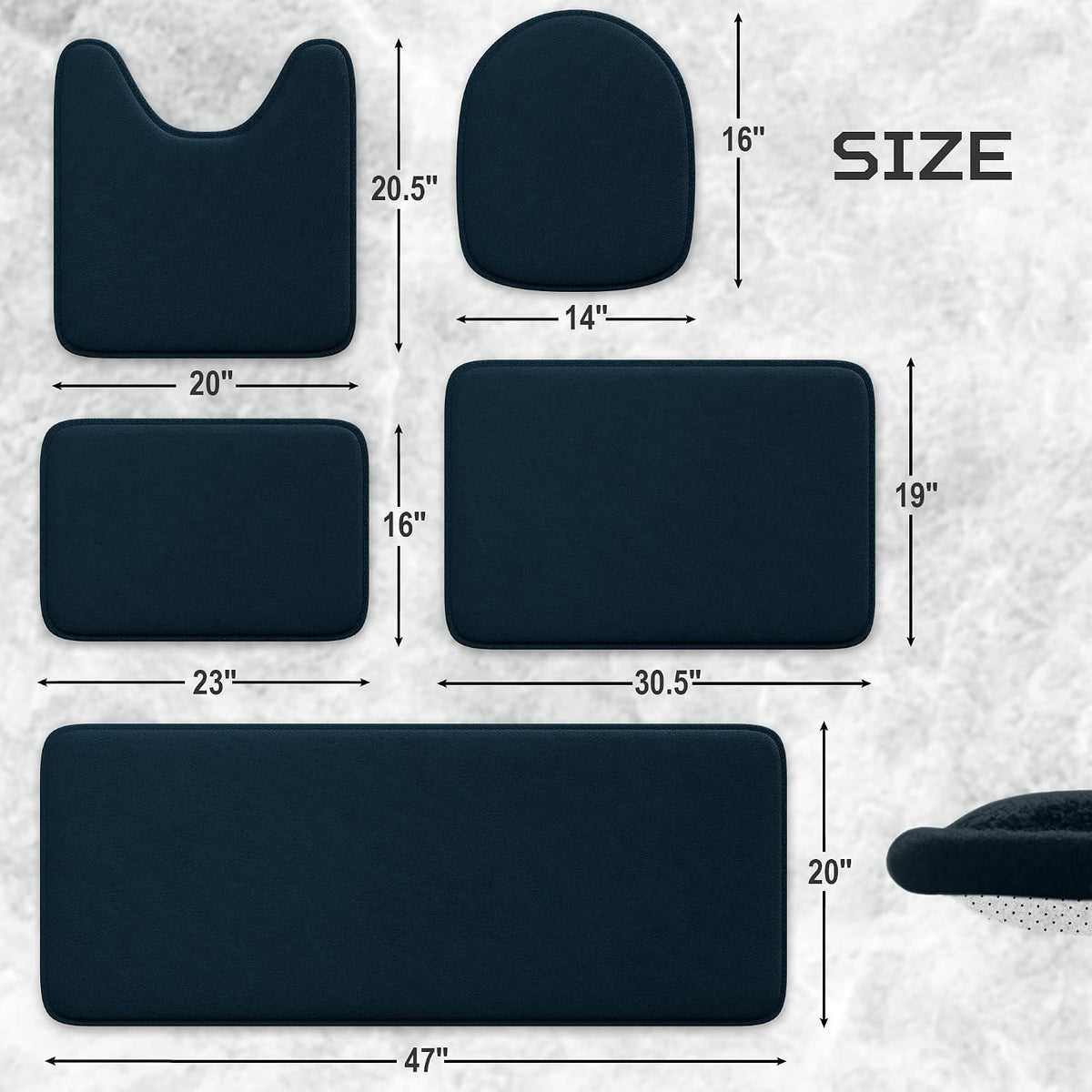 5-Piece Memory Foam Bathroom Rug Set, Non-Slip - Navy Blue | Machine Washable & Ultra-Soft Memory Foam Bath Mats.