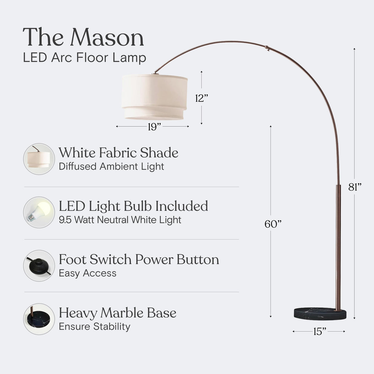 Inspired Arco Style Mason Arc Floor Lamp - Modern Corner Standing Lamp with Unique Hanging Drum Lamp Shade - Bright Overhead, Curved