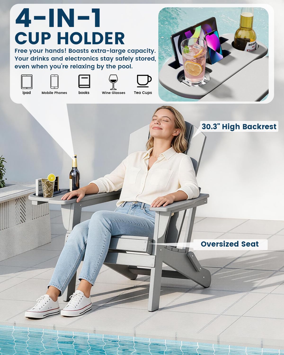 Folding Adirondack Chair Set of 4 with 4-in-1 Cup Holder, Fire Pit Chair