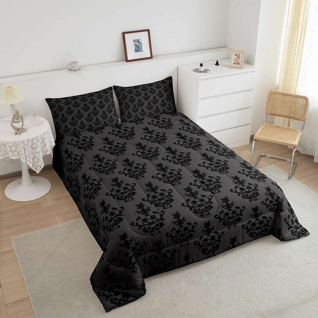 Gothic Bedding - Victorian Damask Twin Bed Set, Black Floral Comforter, Bohemian Goth Decor, Black & Gray