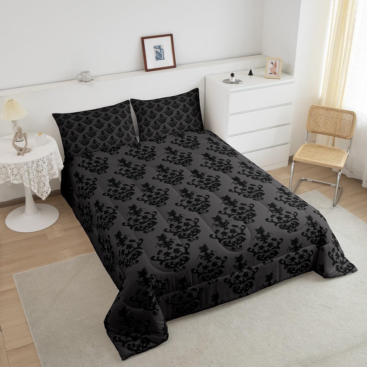 Gothic Bedding - Victorian Damask Twin Bed Set, Black Floral Comforter, Bohemian Goth Decor, Black & Gray