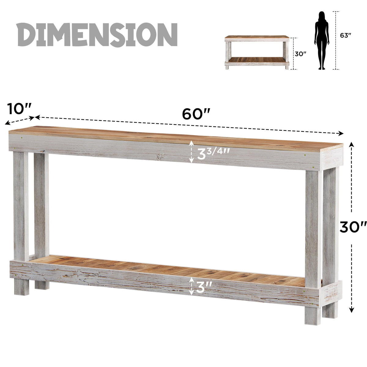 60" Long Farmhouse Console Table, Solid Wood, Classic White