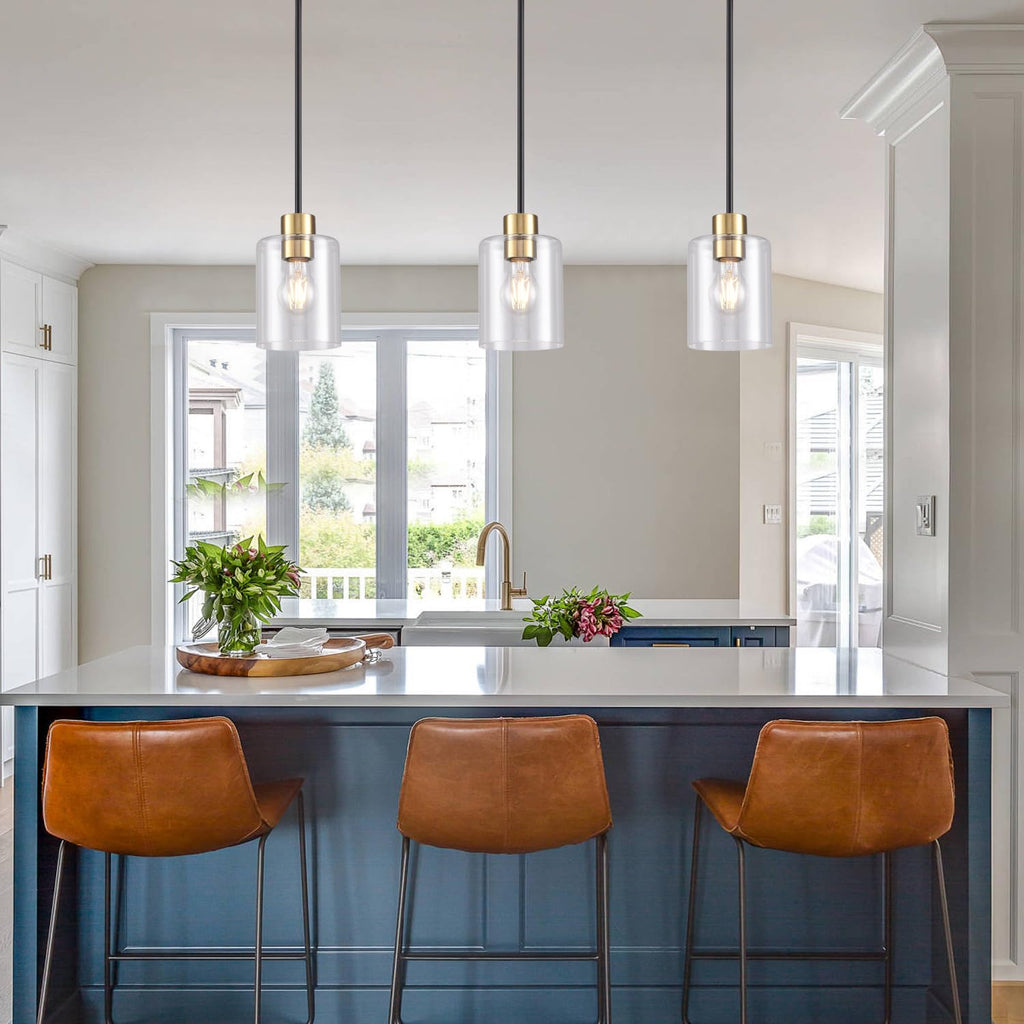3 Pack Black Gold Pendant Lights Island, Brushed Brass Modern Hanging Light with Clear Glass Shade, Adjustable Metal