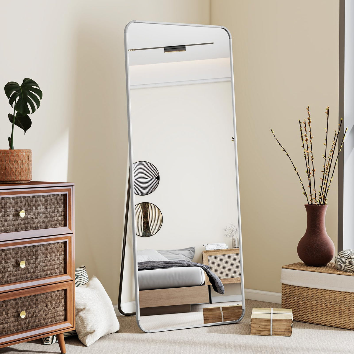 56" x 21" Rounded Corner Full Length Mirror with Stand, Silver
