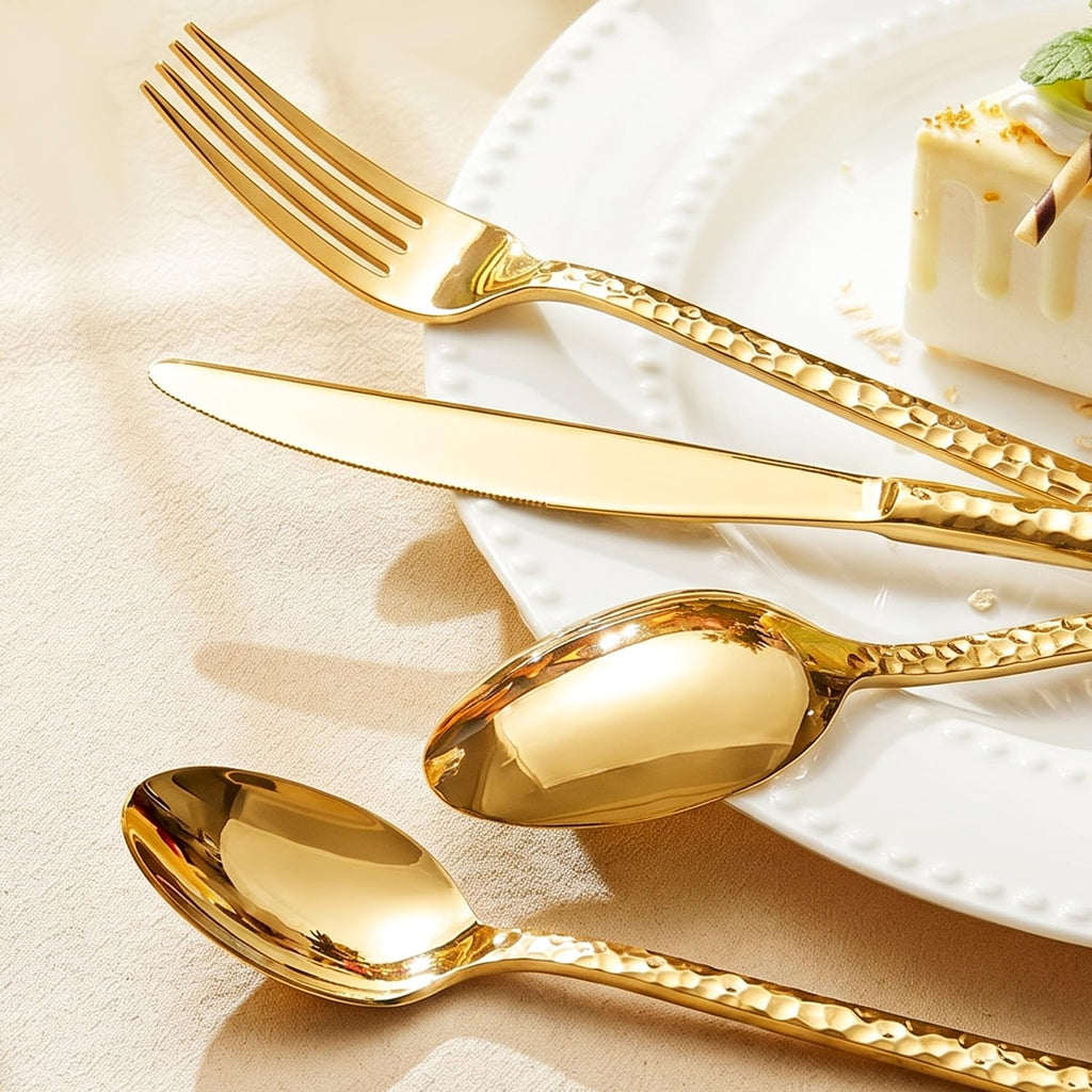 20 Piece Gold Silverware Set, 18/10 Stainless Steel Hammered Flatware for 4