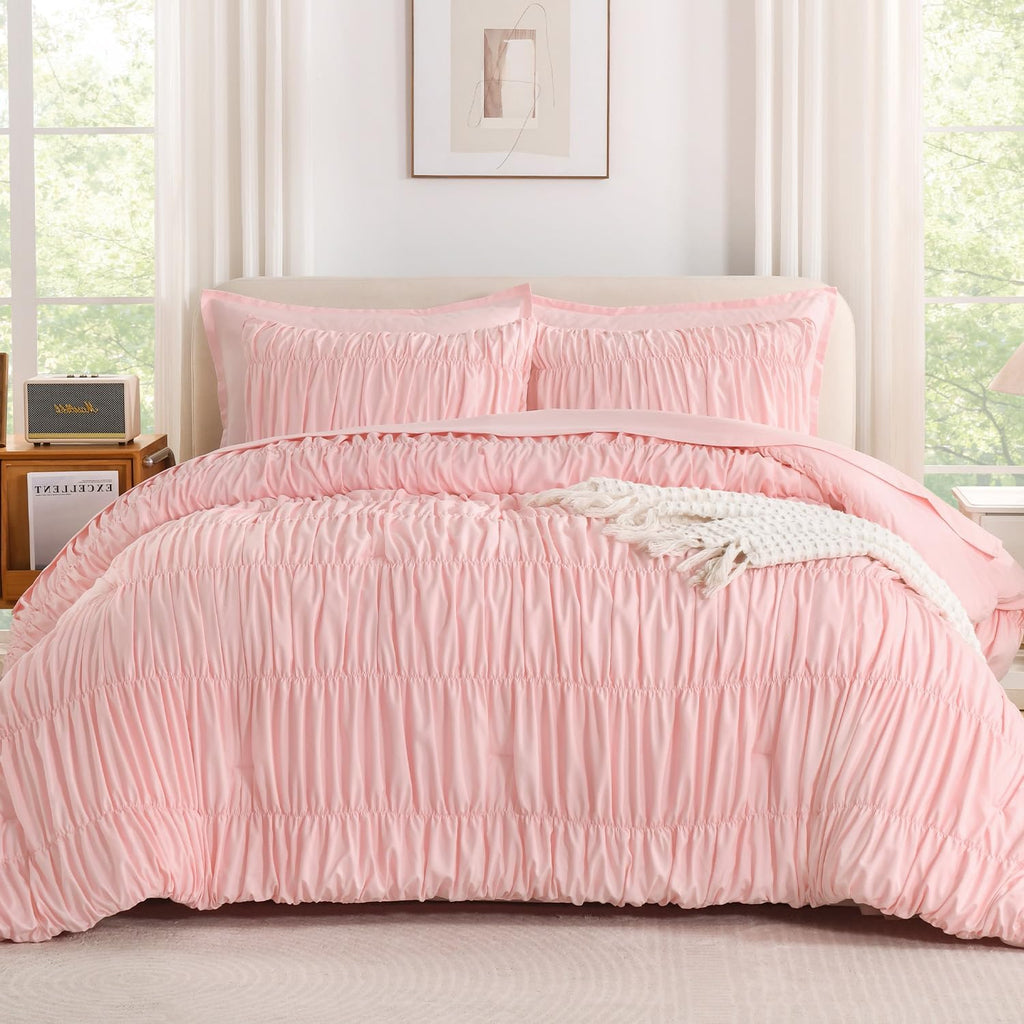 Ruched Pink Comforter Sets, 7 Pieces Ruffle Bed in a Bag