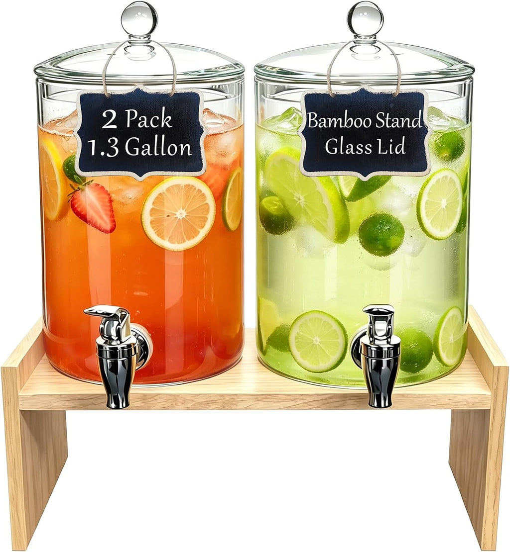 Glass Drink Dispenser with Bamboo Stand and Glass Lid, 2 Pack 1.3 Gallon - Set of 2