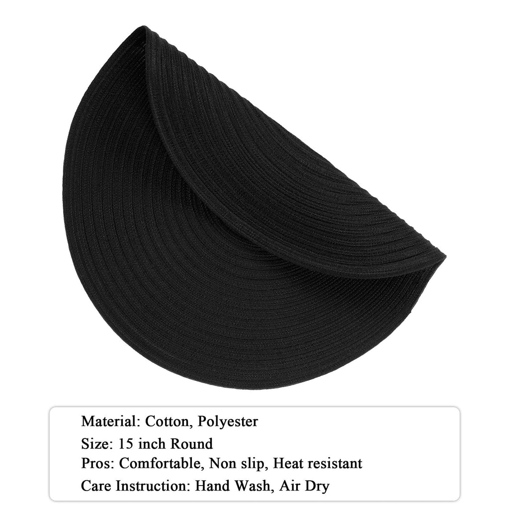 Round Braided Placemats Set of 8 Washable Cotton Polyester Woven Round Table Mats for Dining Tables 15 inch (Black, 8)