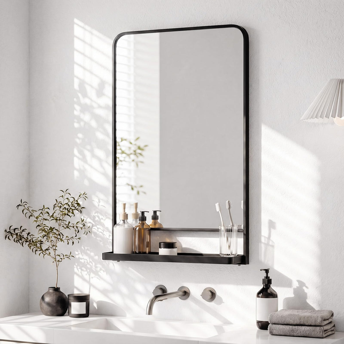 28x18 Inch Bathroom Mirror with Shelf, Black Metal Frame, 2 in 1