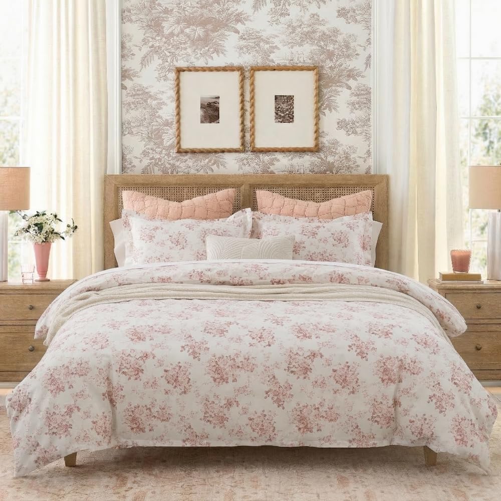 Duvet Cover Set - 90"x90" Cover + 2 Shams, 100% Cotton Print Bedding Sets, Toile Rose Floral Pattern, Pale