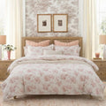 Duvet Cover Set - 90"x90" Cover + 2 Shams, 100% Cotton Print Bedding Sets, Toile Rose Floral Pattern, Pale