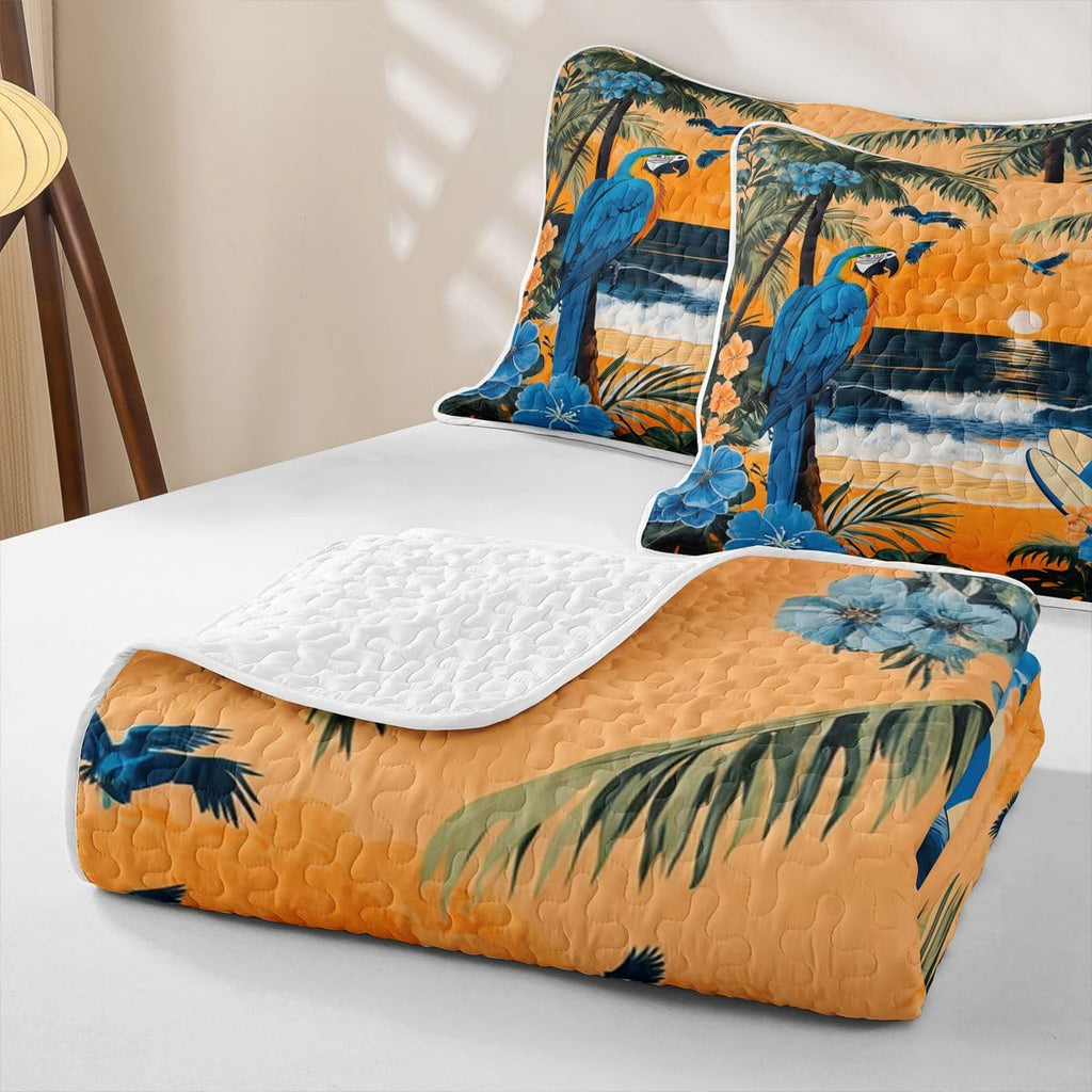Parrot Quilts for Bed Tropical Plant Birds Bedspreads Soft Bed Summer Lightweight Comforter Palm Tree Pattern
