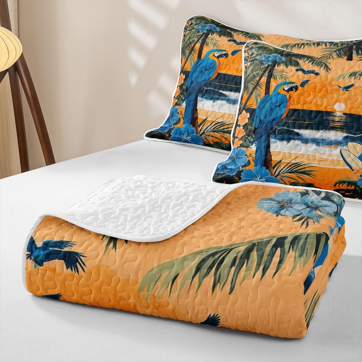 Parrot Quilts for Bed Tropical Plant Birds Bedspreads Soft Bed Summer Lightweight Comforter Palm Tree Pattern