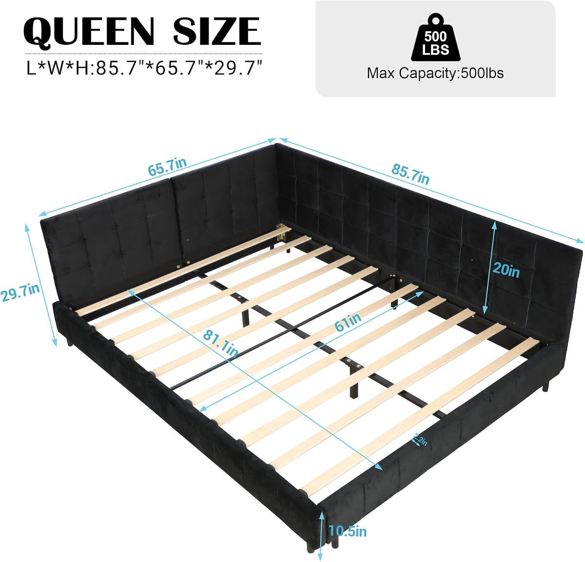 Queen Size Daybed L-Shaped, Modern Velvet Upholstered Sofa Day Bed Frame with Wood Slats Bedroom Guest Room, No Box