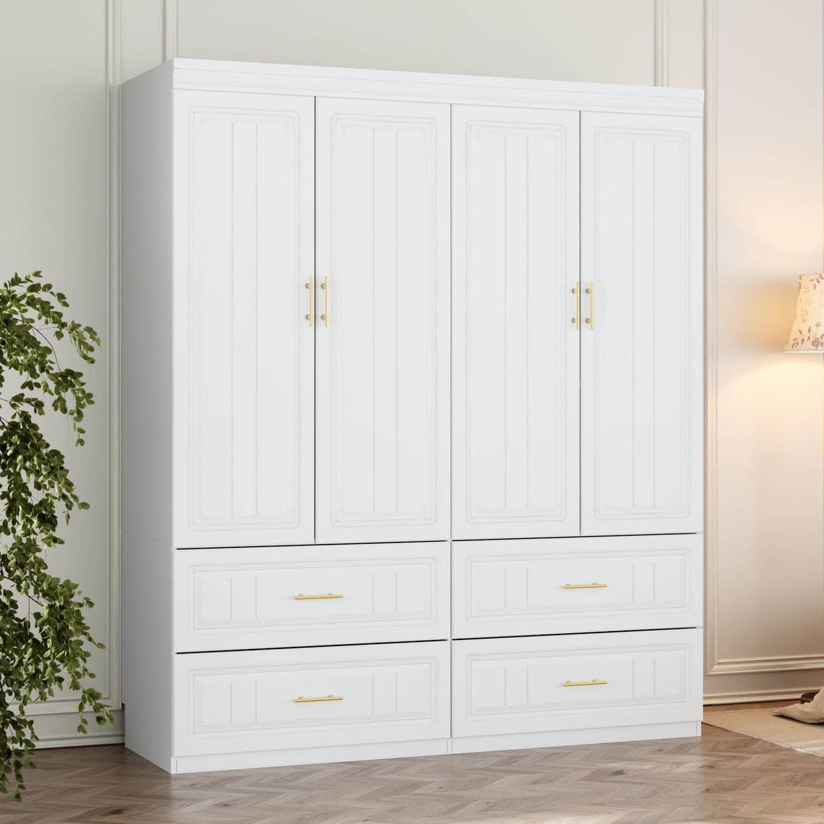 4 Door Wardrobe Closet with 4 Drawers, White Bedroom Armoire