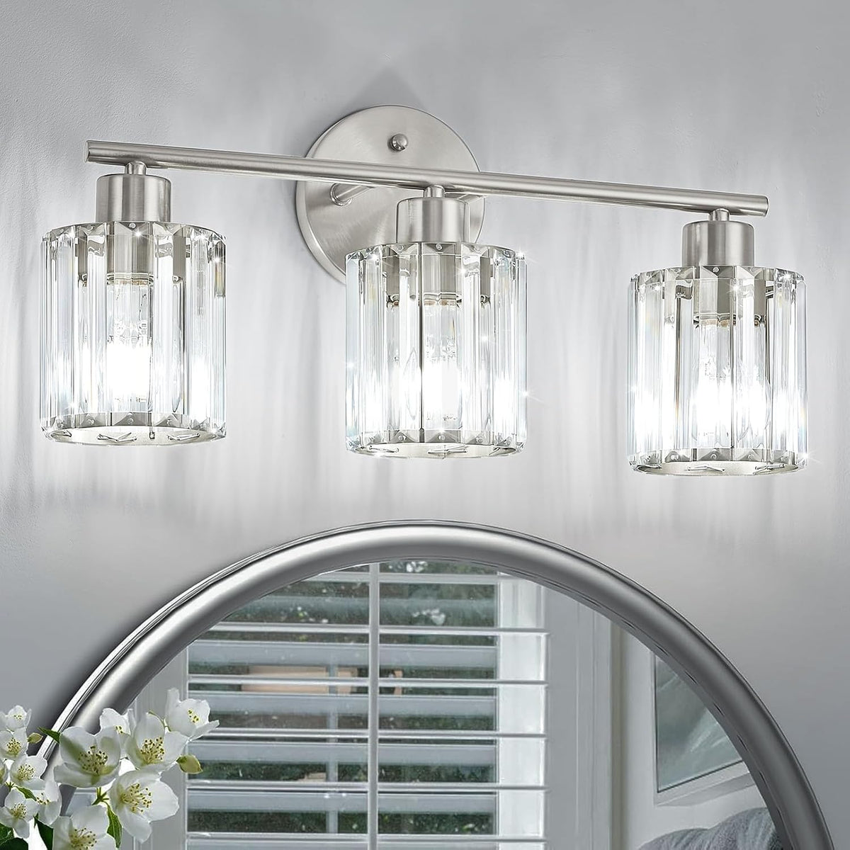 Modern Brushed Nickel Crystal Bathroom Light Fixtures,3-Light | Bathroom Lighting Fixtures over Mirror,Vanity Lights
