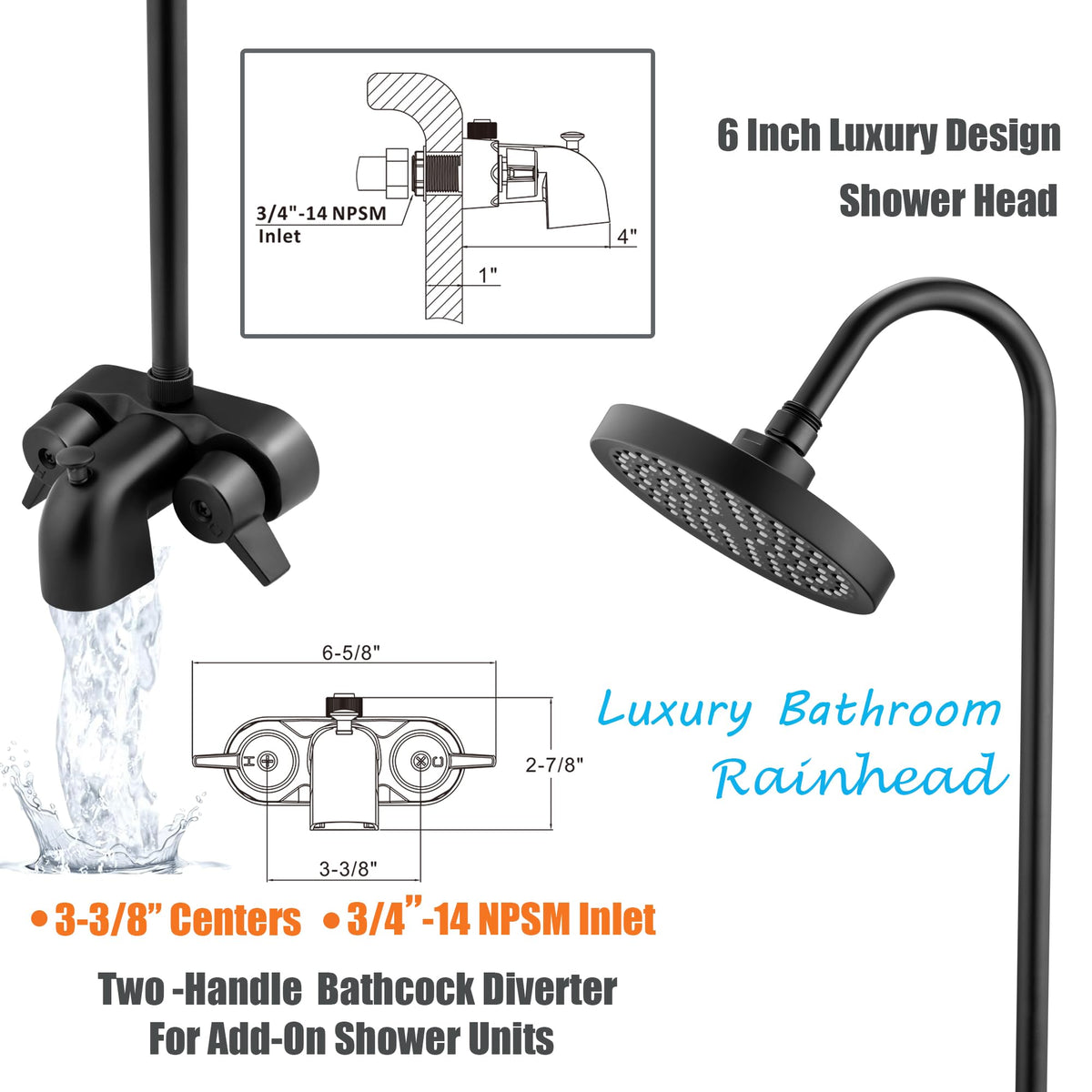 Clawfoot Tub Shower Kit,with Add On Bathcock Diverter Faucet and 48 Inch x 27 Inch Rectangular Rod Kit,Claw Foot Tub