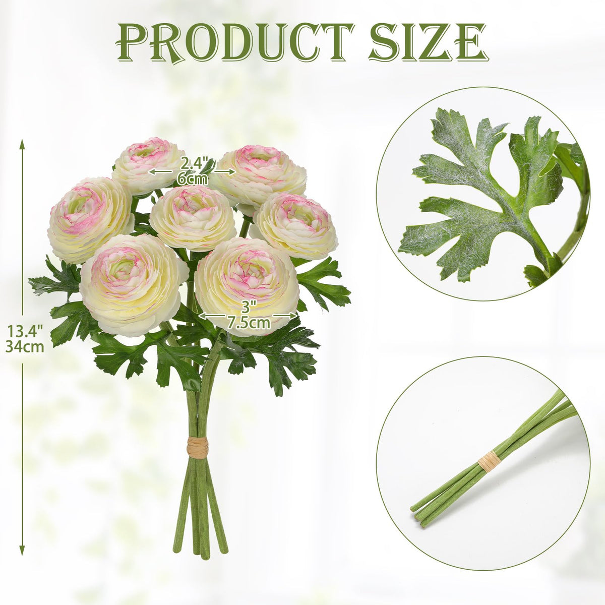 7 Heads Ranunculus Artificial Flowers White Fake Ranunculus Small Bouquets Silk Flowers Faux Floral Centerpieces