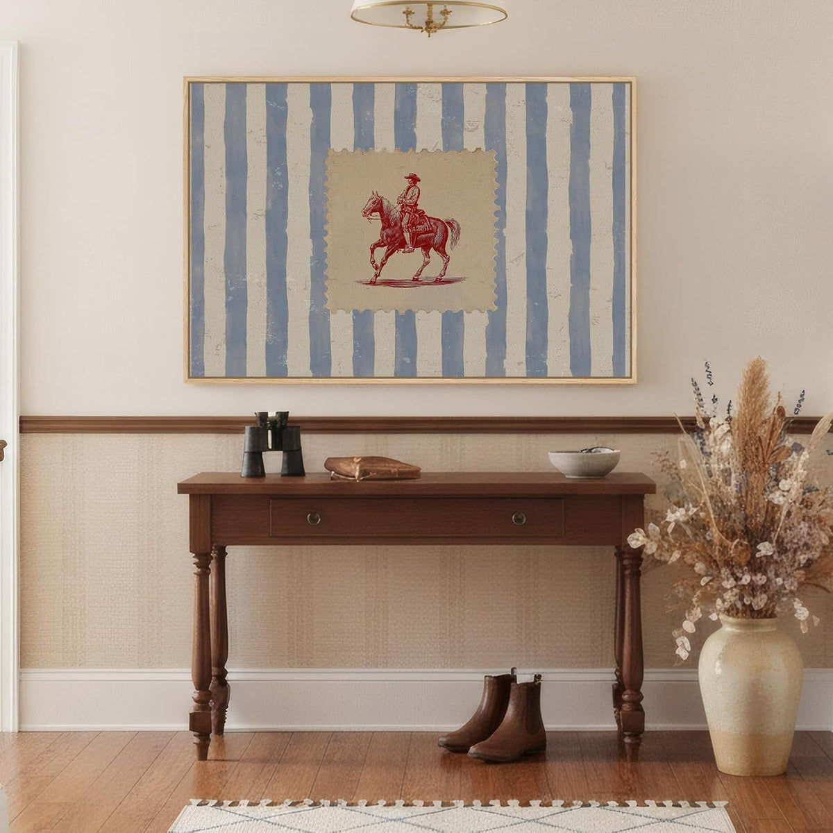Large Framed Western Cowboy Wall Art , Vintage Farmhouse Horse Canvas Prints Paintings, Blue Striped Country Picture