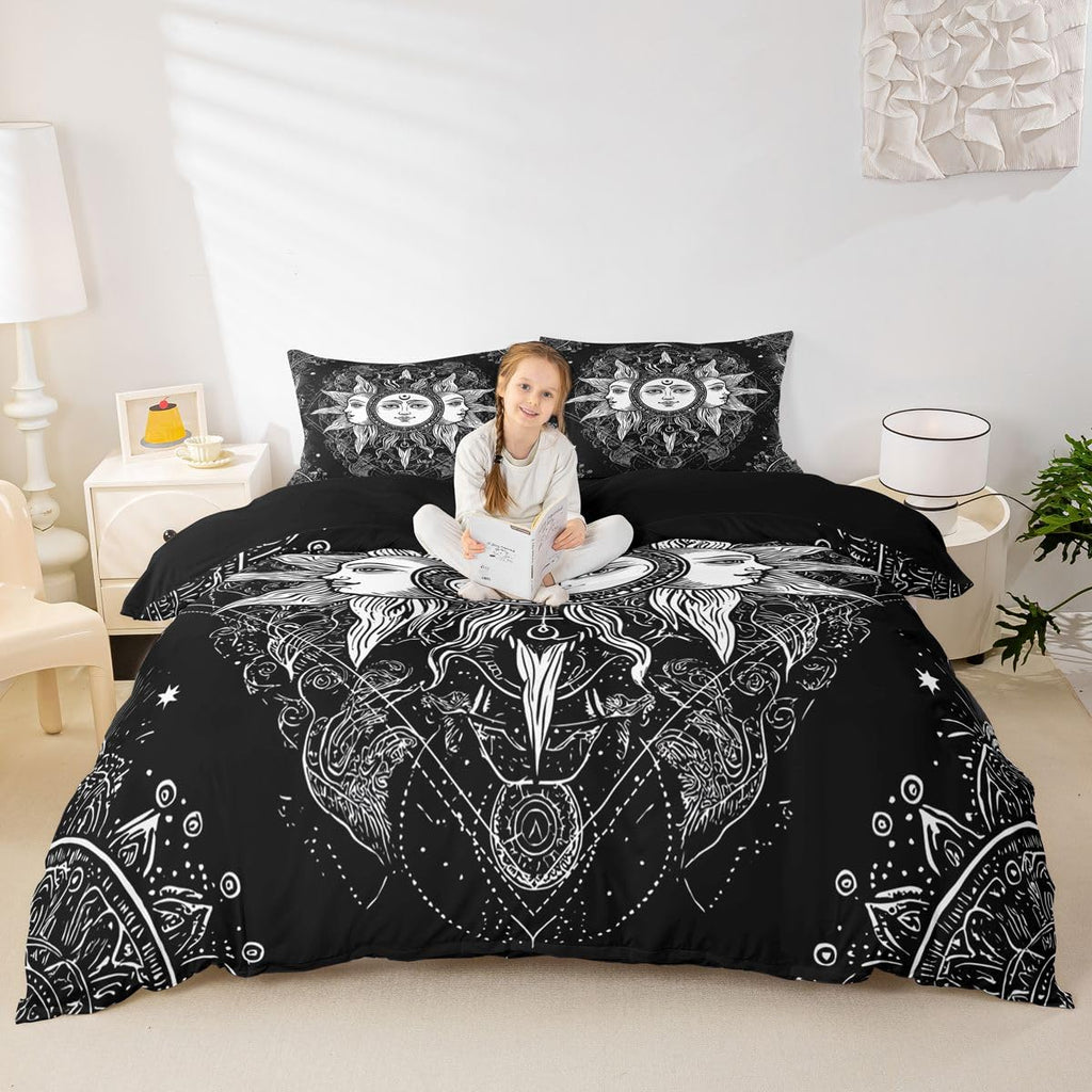Bohemian Black and White Duvet Cover Full, Sun and Moon Bedding Set Boho Floral Paisley Comforter Cover, Tribe Exotic