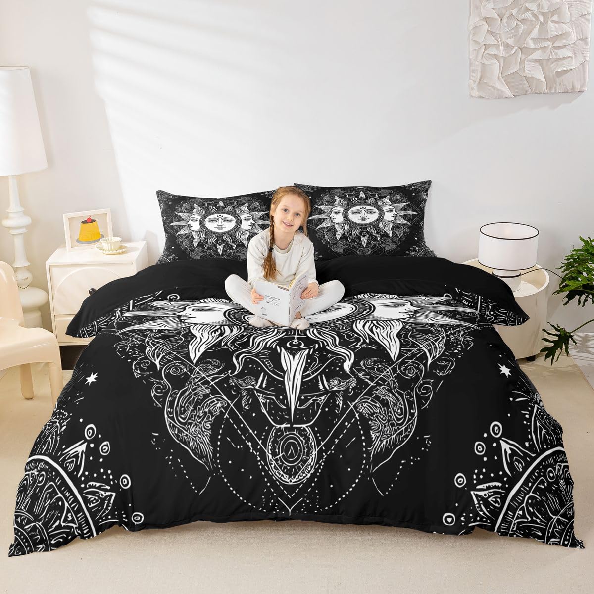 Bohemian Black and White Duvet Cover Full, Sun and Moon Bedding Set Boho Floral Paisley Comforter Cover, Tribe Exotic