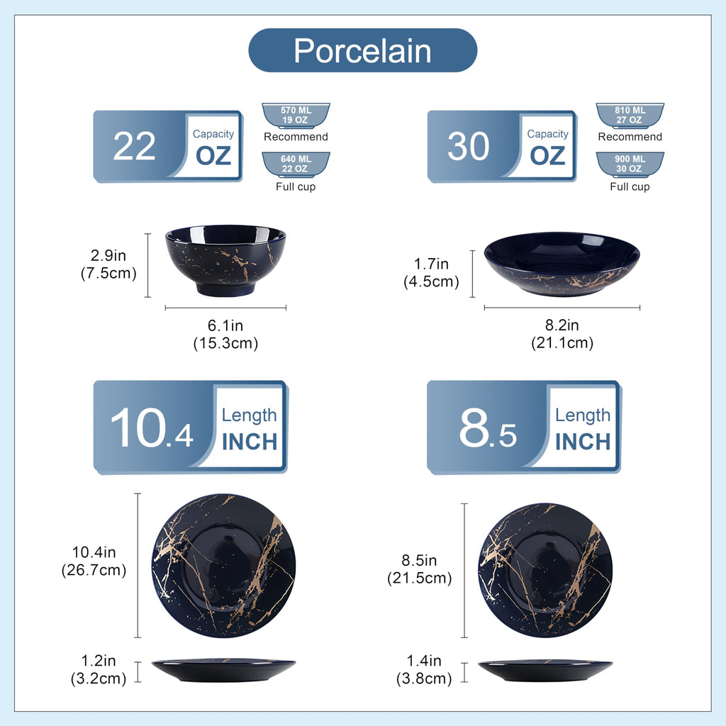 Plates and Bowls Sets for 6, 24 Pieces Porcelain Dinnerware Sets, Dark Blue and Gold Dish Set Gold Splash Dishware