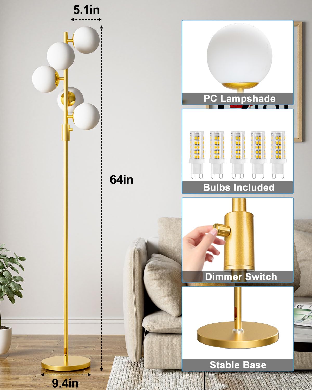 Dimmable Globe Floor Lamp, Gold Standing Lamps with 5PCS 3000K Bulbs Included, Mid Century Modern Floor Lamp