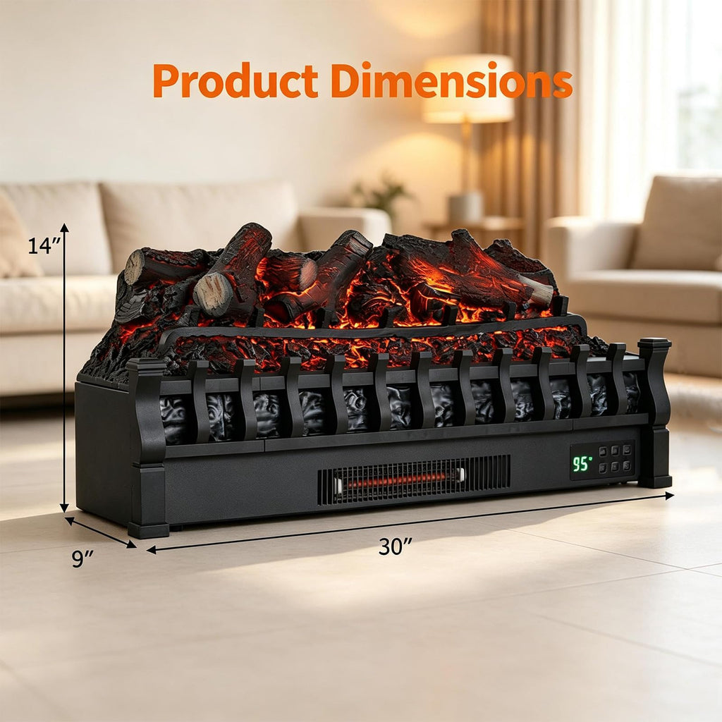 30" Electric Fireplace Insert, Lemon Wood Log Heater w/Remote