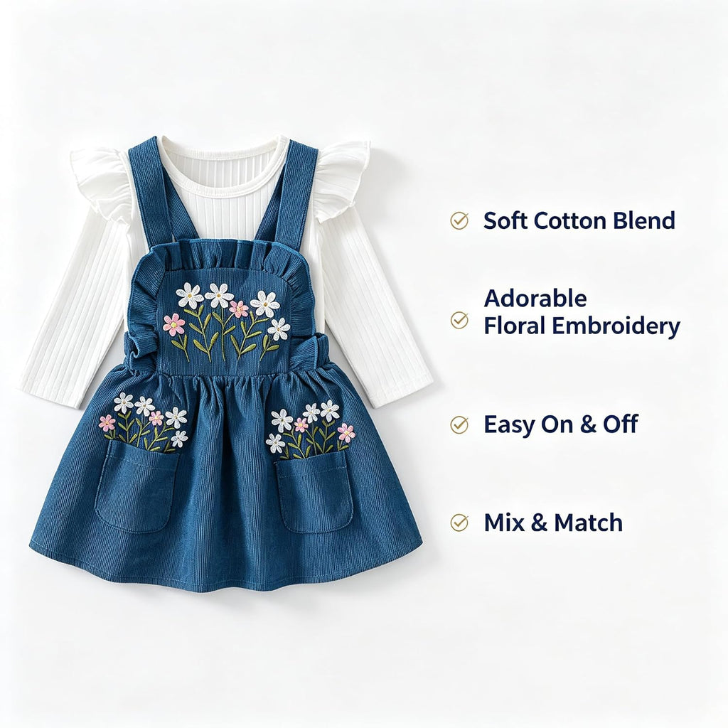 Baby Girl Dress Set Long Sleeve Ribbed Top Embroidered Suspender Dress