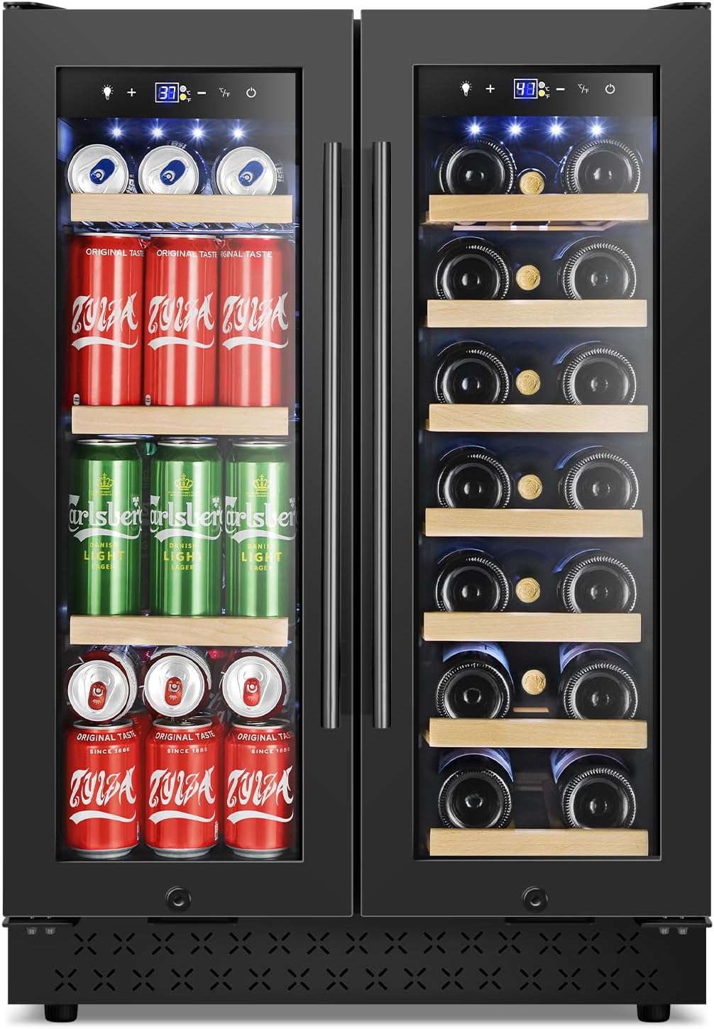 24 Inch Wine and Beverage Refrigerator, Dual Zone Wine Beverage Cooler 24" with French Door