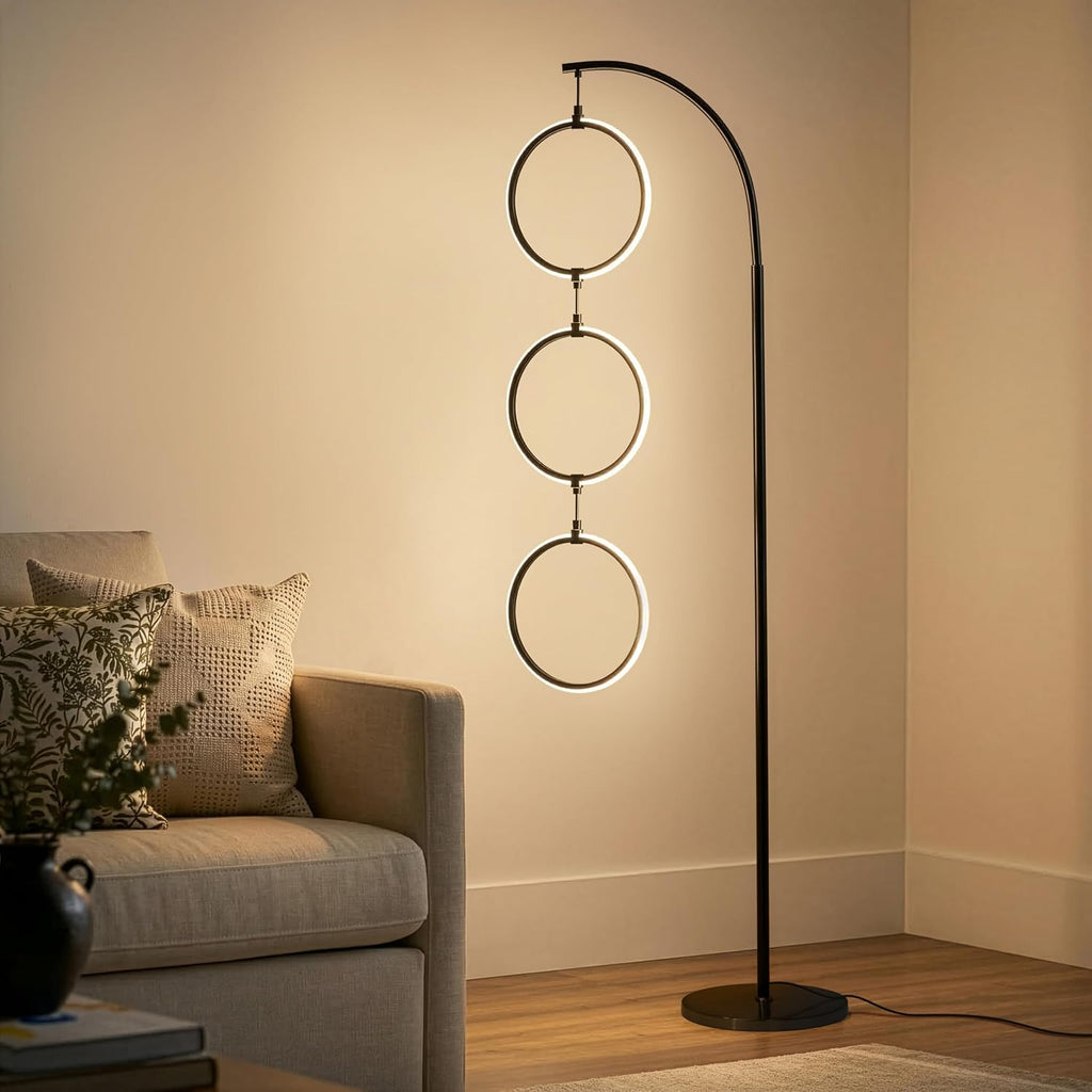 Nova Modern Floor Lamp Matches Living Room Décor - Contemporary Arc Tall Lamp with 3-Circle Ring-Style Pendant