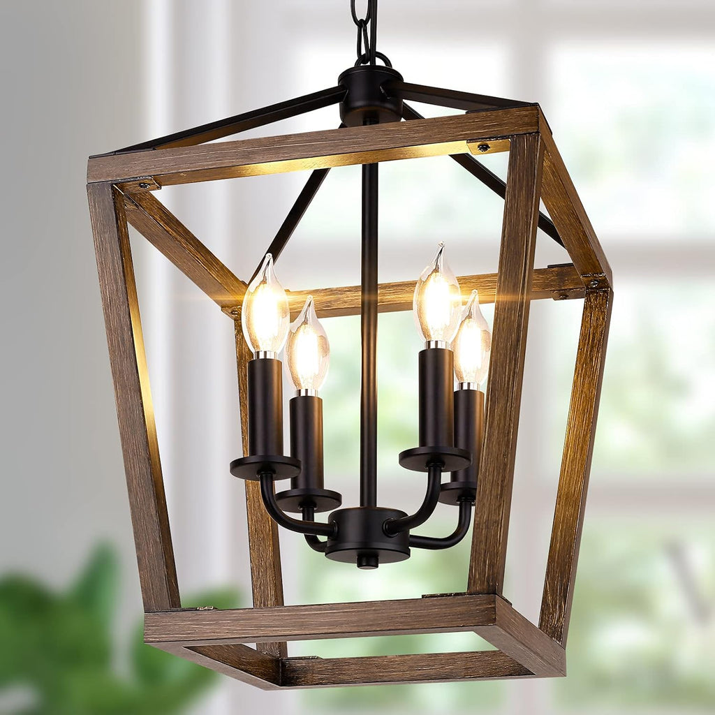 4-Light Oak Farmhouse Lantern Chandelier