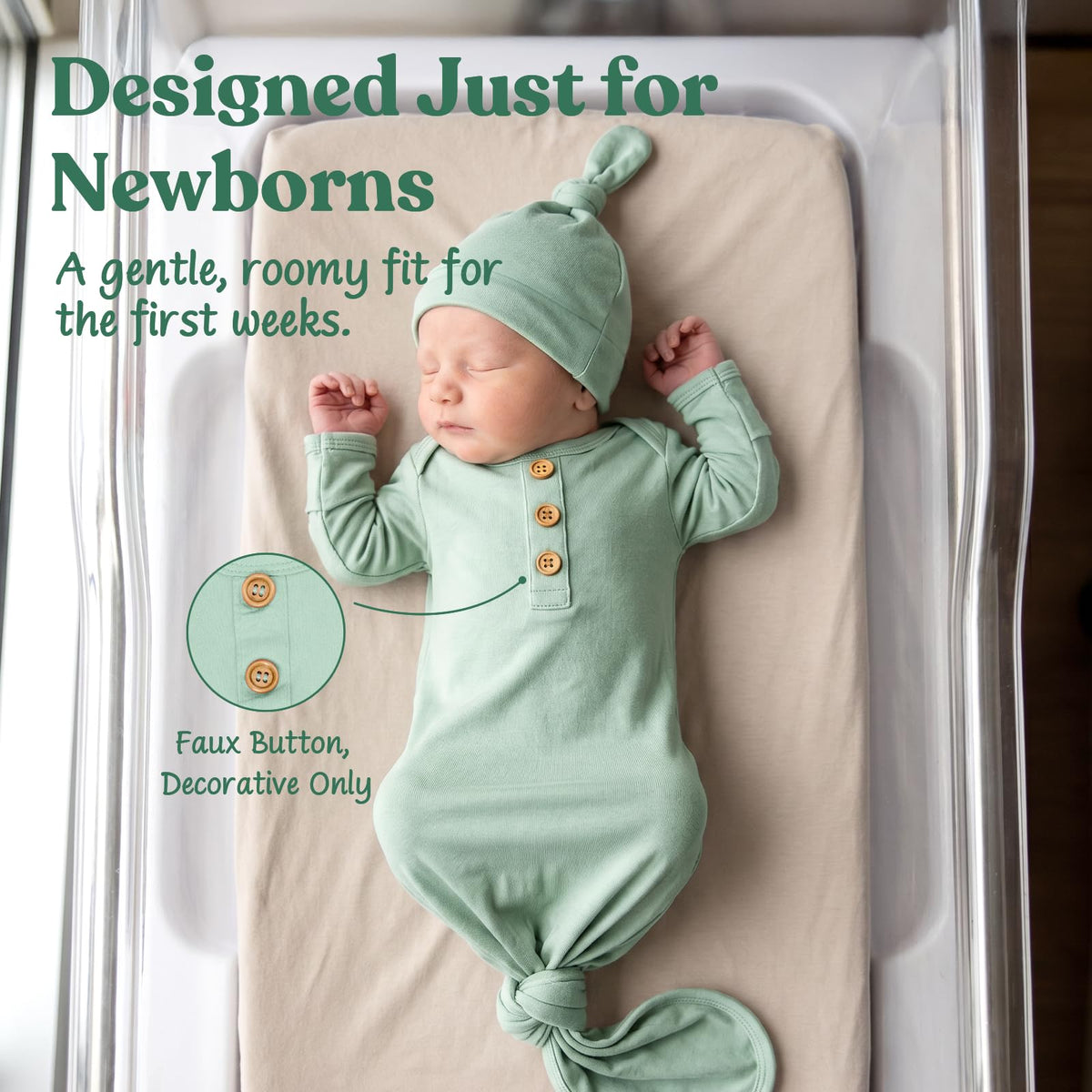 Newborn Knotted Sleep Gown with Hat, Soft Baby Nightgown with Mitten Cuffs, Hospital & Coming Home Outfit for Boys