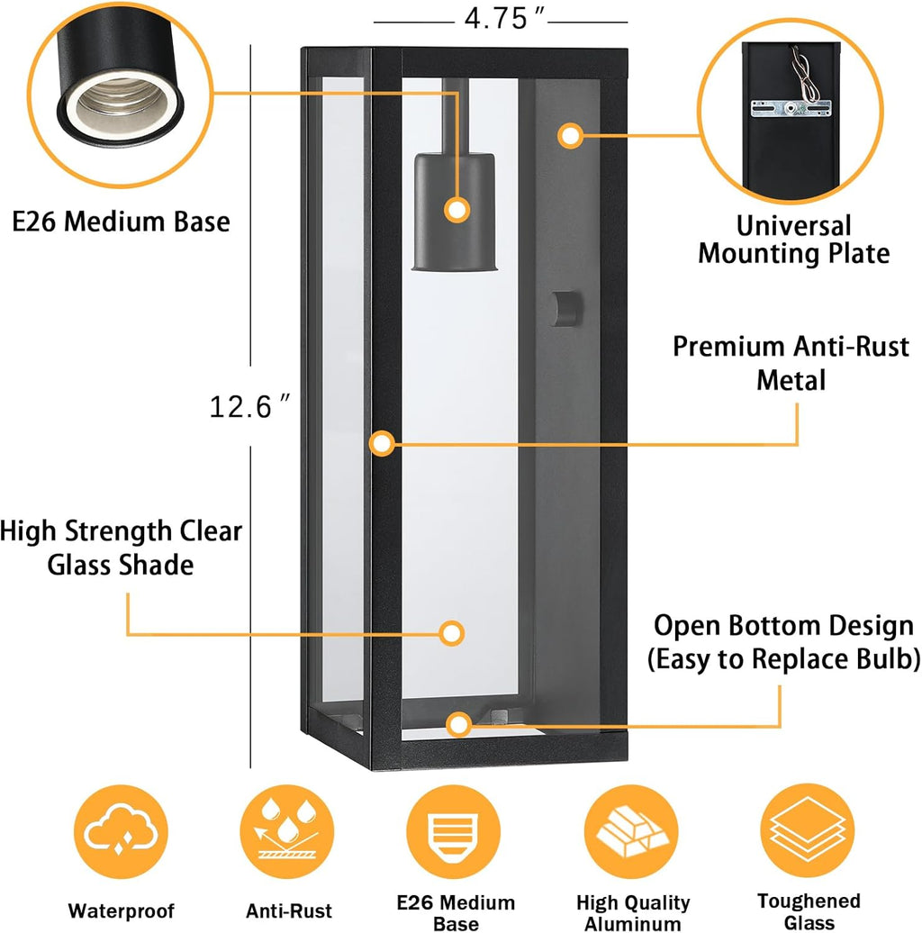 Exterior Outdoor Wall Sconces Lights 2Packs, 12.6'' Matte Black Waterproof Outdoor Wall Porch Lights with Clear Tempered Glass Shade, Exterior Outside Garage Lighting Lanterns, Bulb Not Included