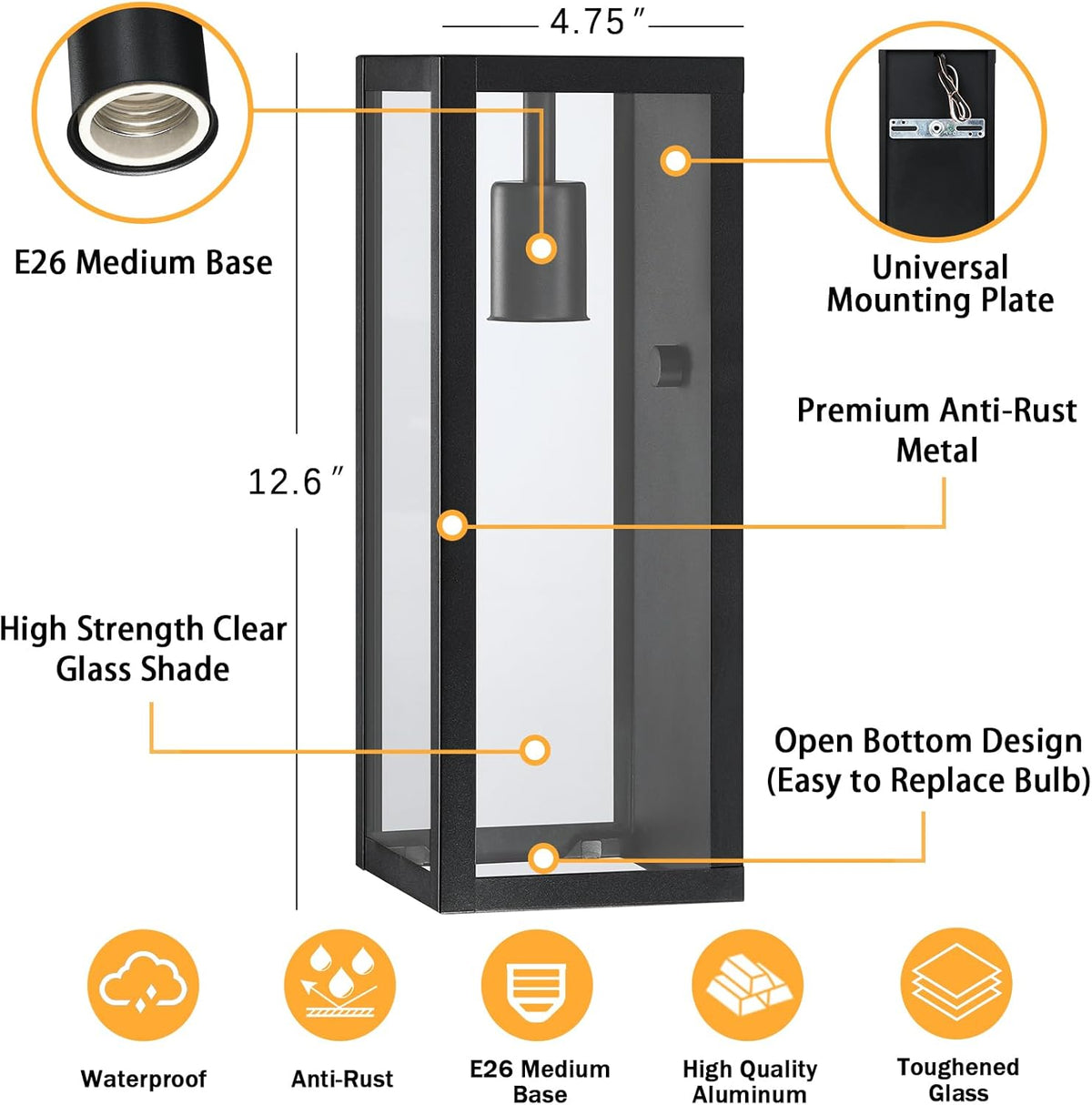 Exterior Outdoor Wall Sconces Lights 2Packs, 12.6'' Matte Black Waterproof Outdoor Wall Porch Lights with Clear Tempered Glass Shade, Exterior Outside Garage Lighting Lanterns, Bulb Not Included