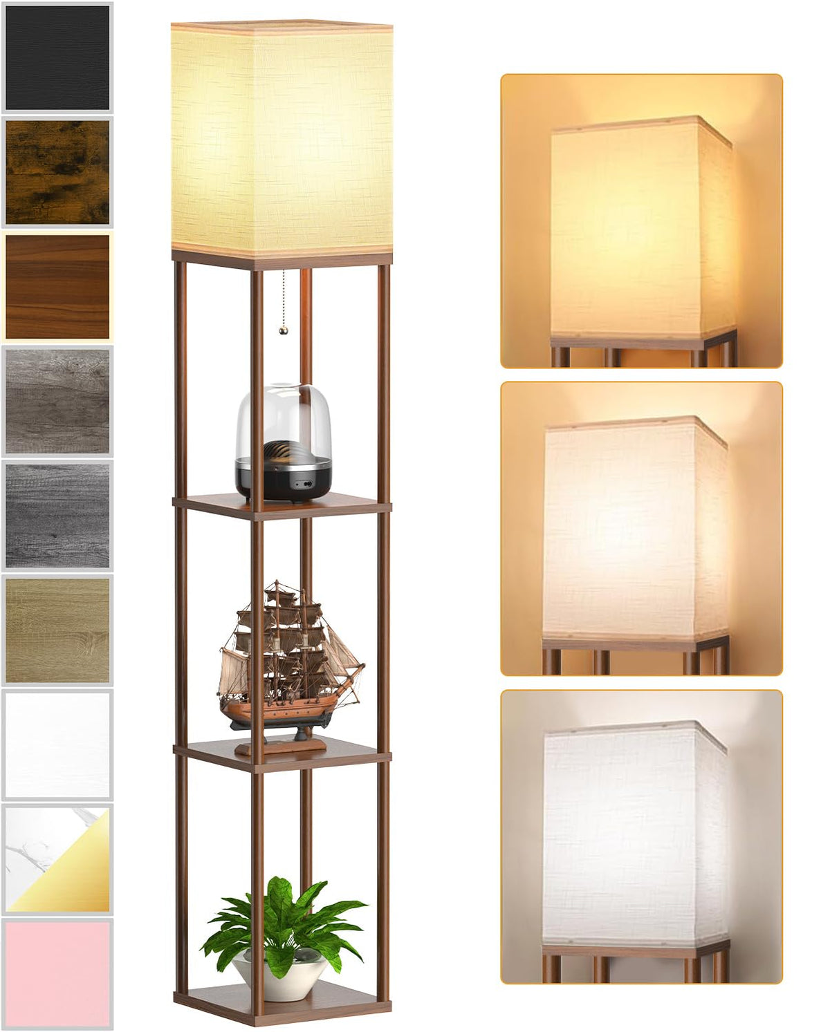 Floor Lamp with Shelves Walnut Brown, Shelf Floor Lamp with 3 CCT LED Bulb, Corner Display Standing Column Lamp