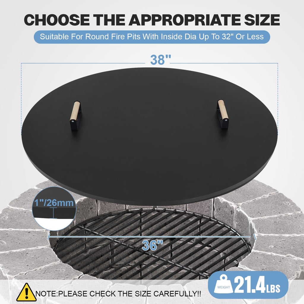 Fire Pit Lid Cover Round- 38" Powder Coated Steel Firepit Cover