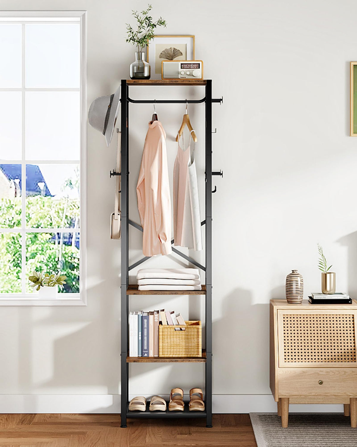 Coat Rack with Shelves, Freestanding Hall Tree, Coat Tree with 16 Hooks and Hanging Rail, Industrial Clothes Stand