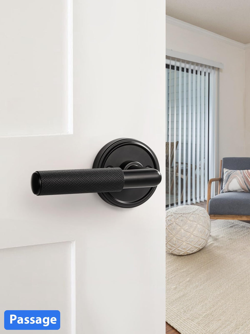 Knurled Door Lever Black Passage Door Handle, 1 Pack
