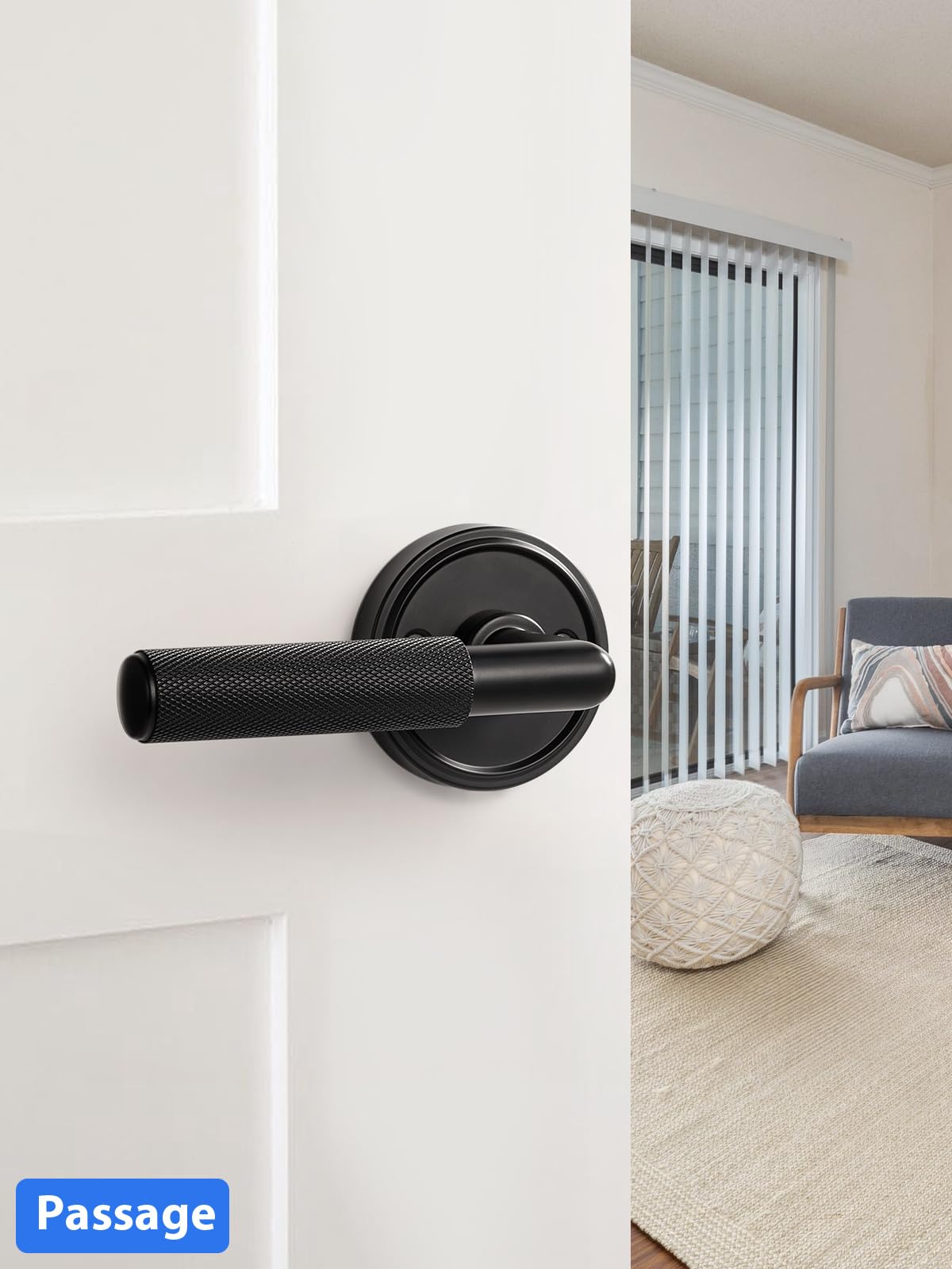 Knurled Door Lever Black Passage Door Handle, 1 Pack