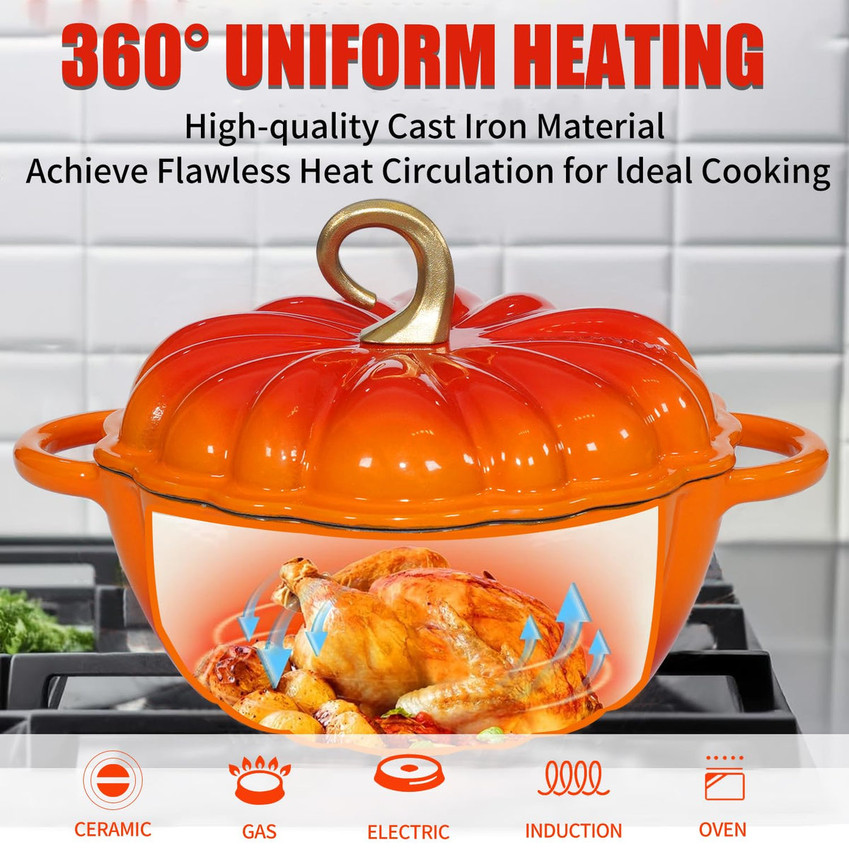 Pumpkin Enameled Cast Iron Dutch Oven with Lid, 4.5 QT Heavy Duty and Dual Handles Pot, Serves 3-5 and Oven Safe for
