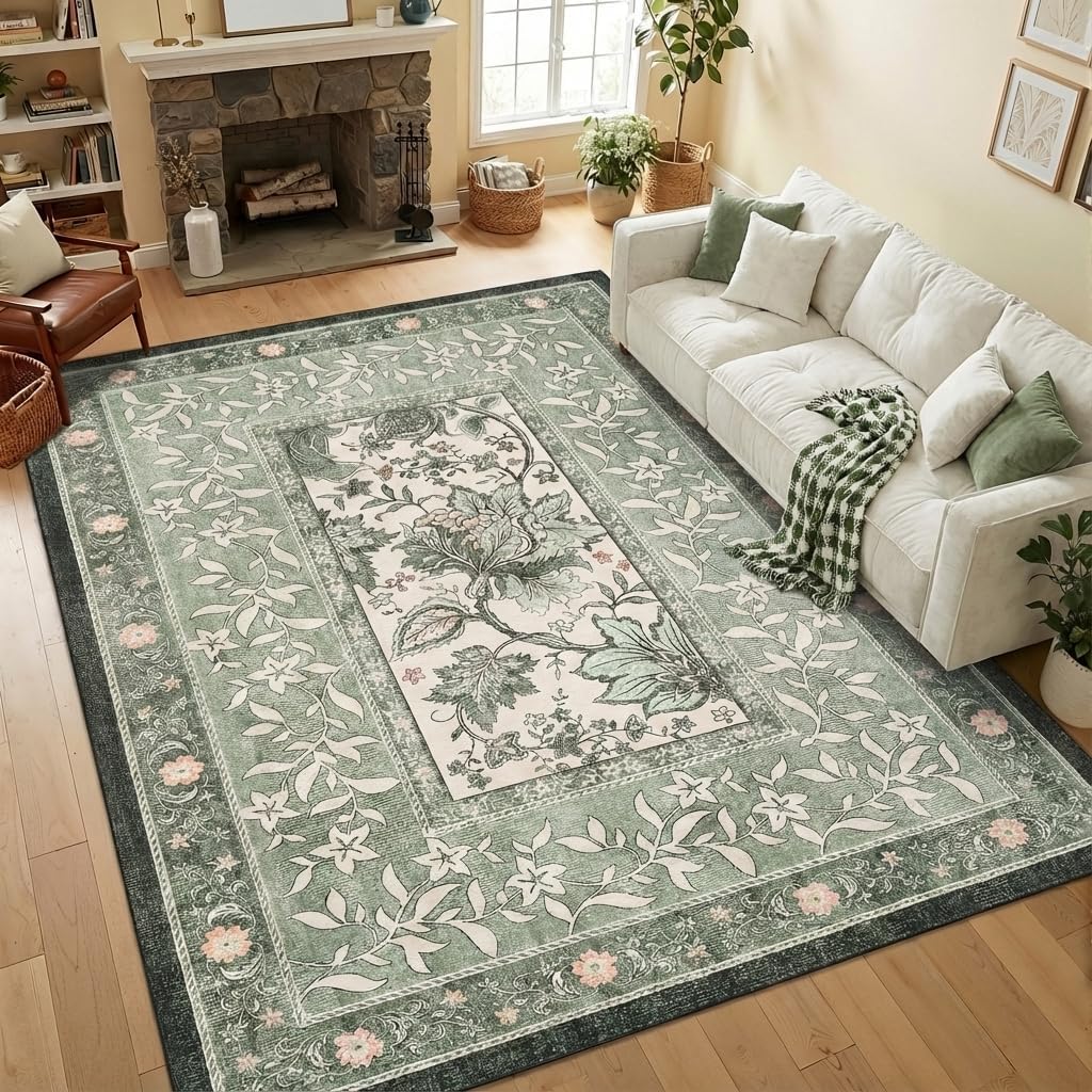 Provence Area Rugs, Botanical Grove Sage Green Vintage Cottagecore Non-Slip Washable Rug Bedroom Nursery Kitchen