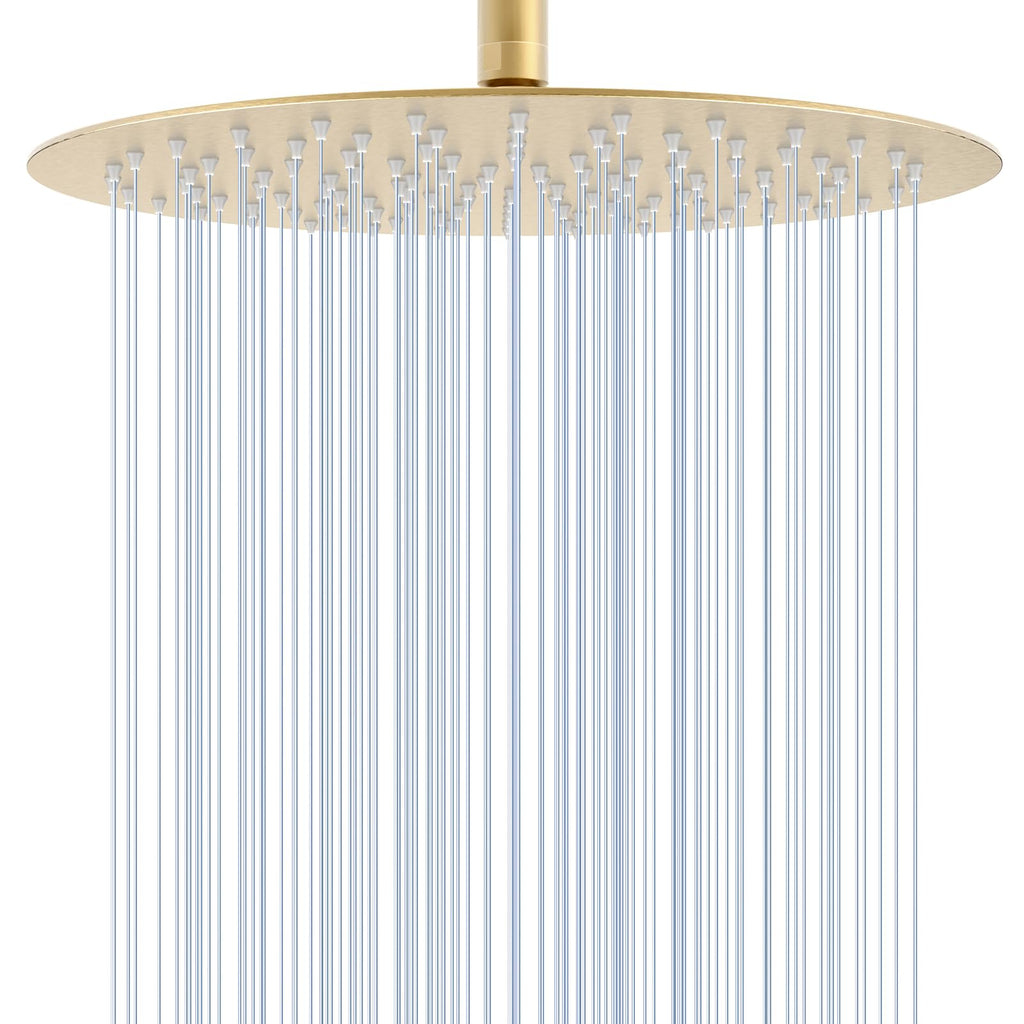 12 inch Brushed Gold Rainfall Shower Head - All Metal Stainless Steel Full Body Round Rain Shower with 120 Silicone