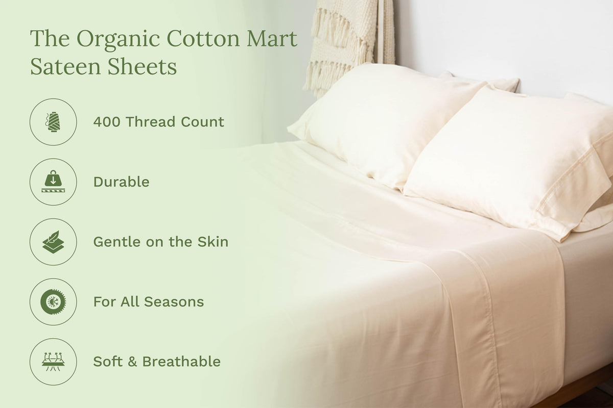 Cotton Sheets Set - 100% GOTS Certified Organic Cotton, Chemical-Free, 400 Thread Count, Deep Pocket, Soft