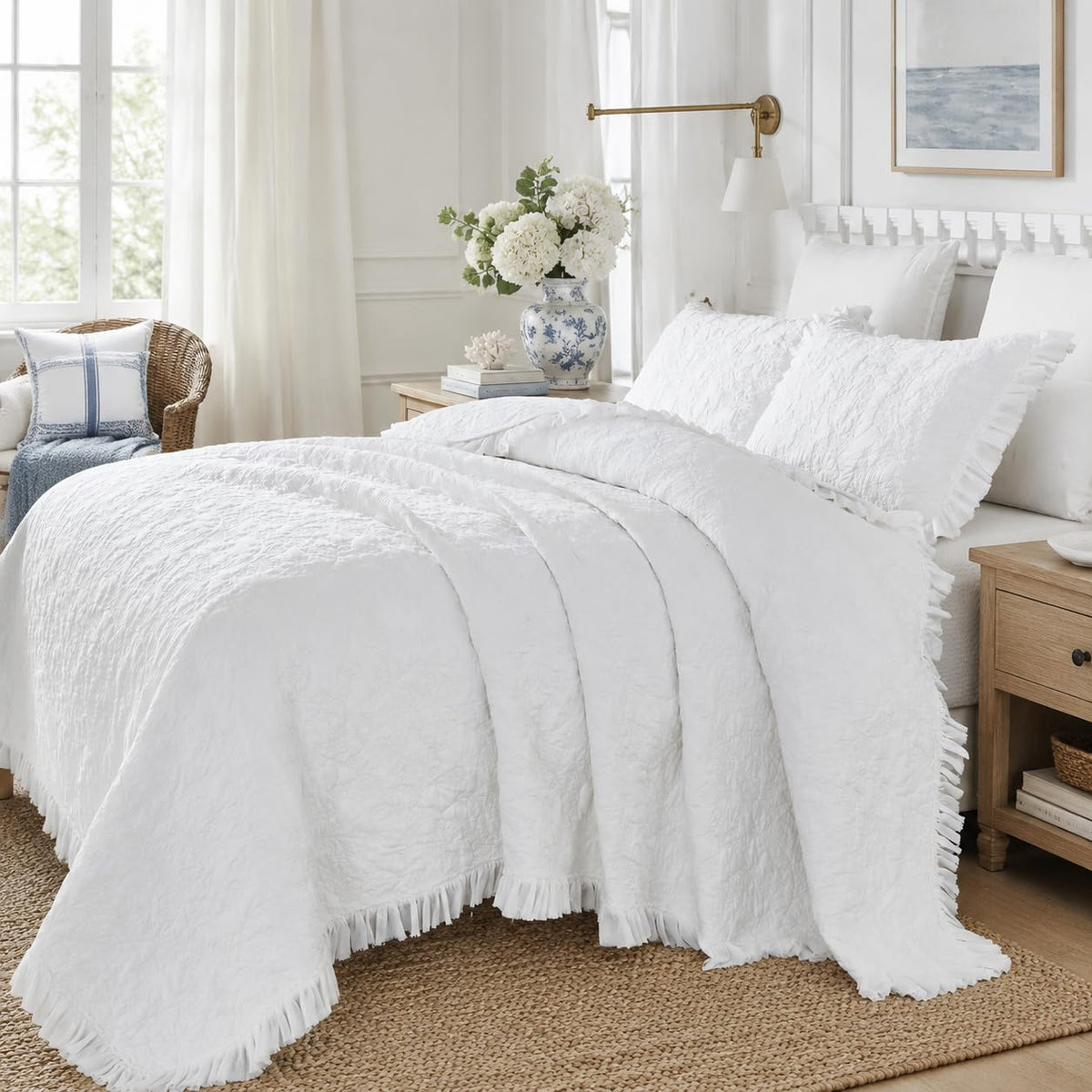 White Quilts Cotton Matelasse Coverlet Set Cottagecore Bedding Ruffle Bedspread Set 3-Piece
