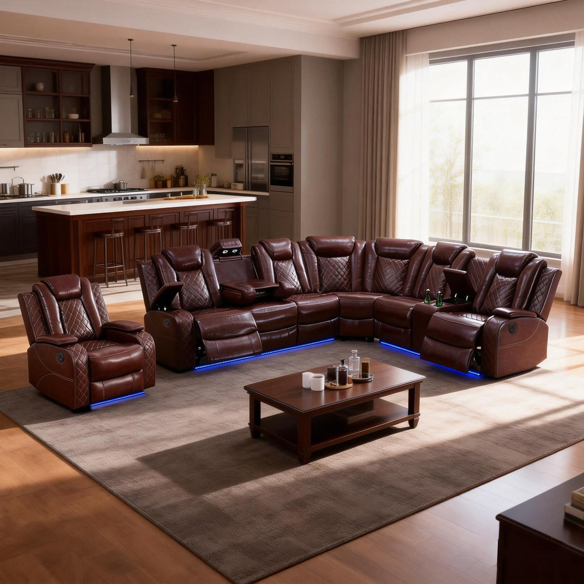 Power Recliner Sofa Set, Living Room Furniture Sets, Leather Sectional Sofa Set with Reclining Chair, LED Lights, Cup