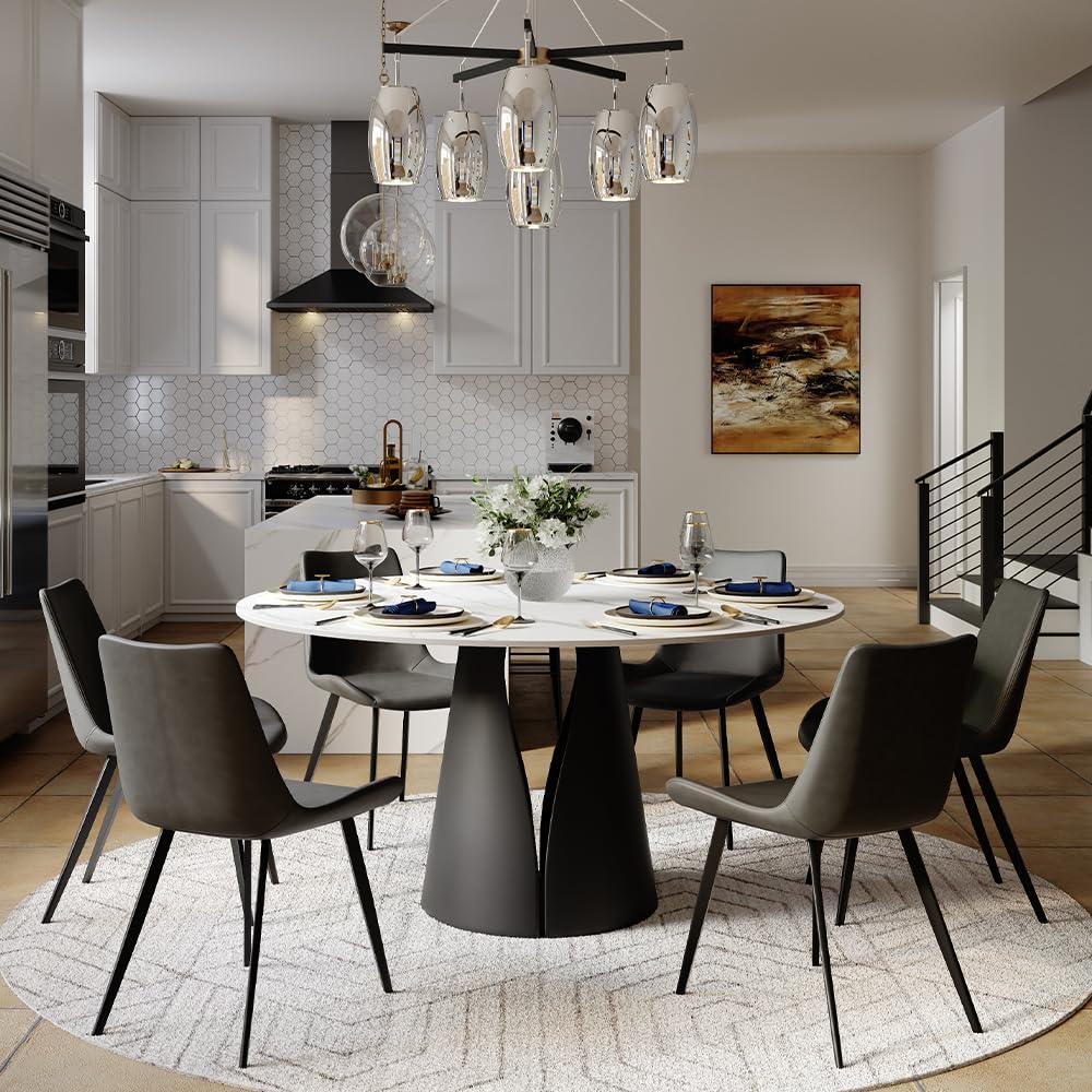 Inspired Saarinen Style 59" Modern Round Dining Table, Marble Round Dining Room Table for 6, Matte White Sintered Stone Tabletop with Black