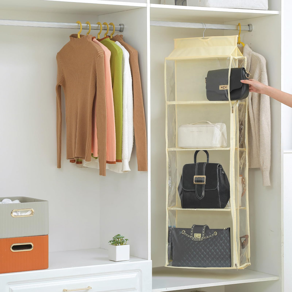 8 Grids in 1 Pack Hanging Purse Handbag Organizer with Double Zippers, Visible Purse Organizer for Closet, Fully